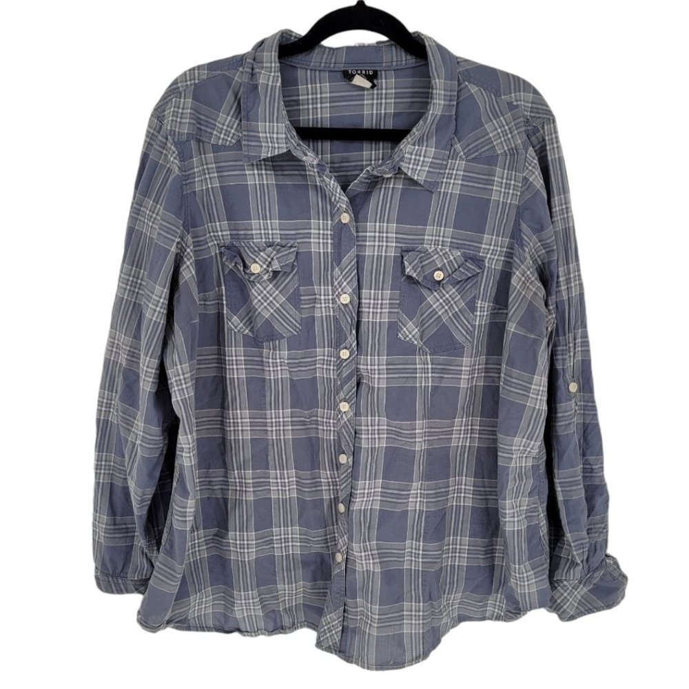 Torrid womens vanity size 2 18 20 2x blue plaid checkered button up cotton shirt